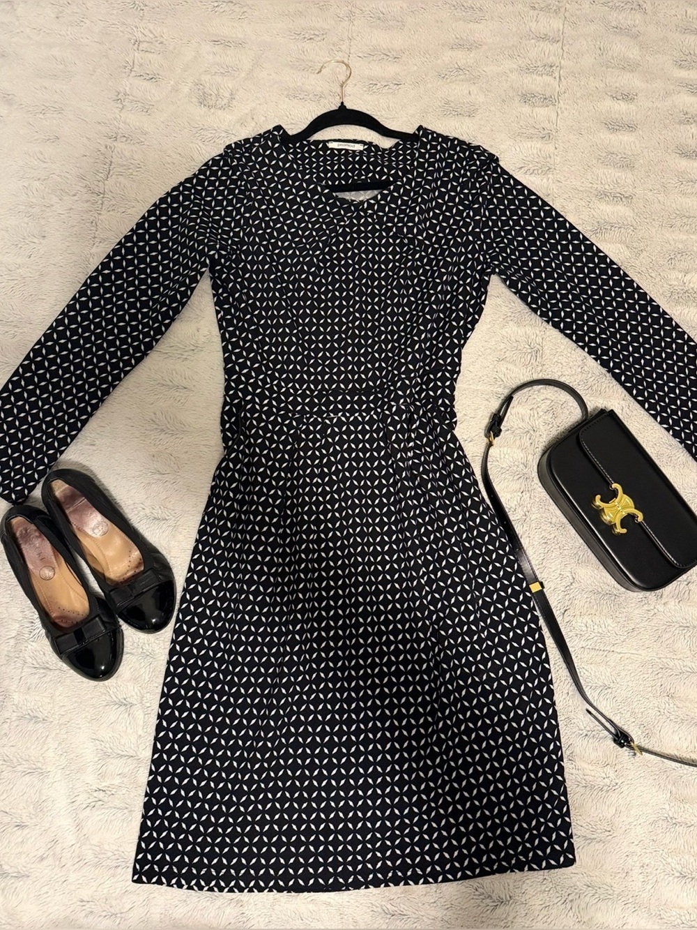 Promod Navy and White Long-sleeved Midi Dress